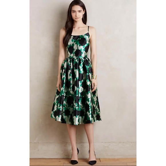 Rachel Antonoff Dress Green Black Floral Eliora Low Back Fit & Flare Size 12 - Picture 2 of 16